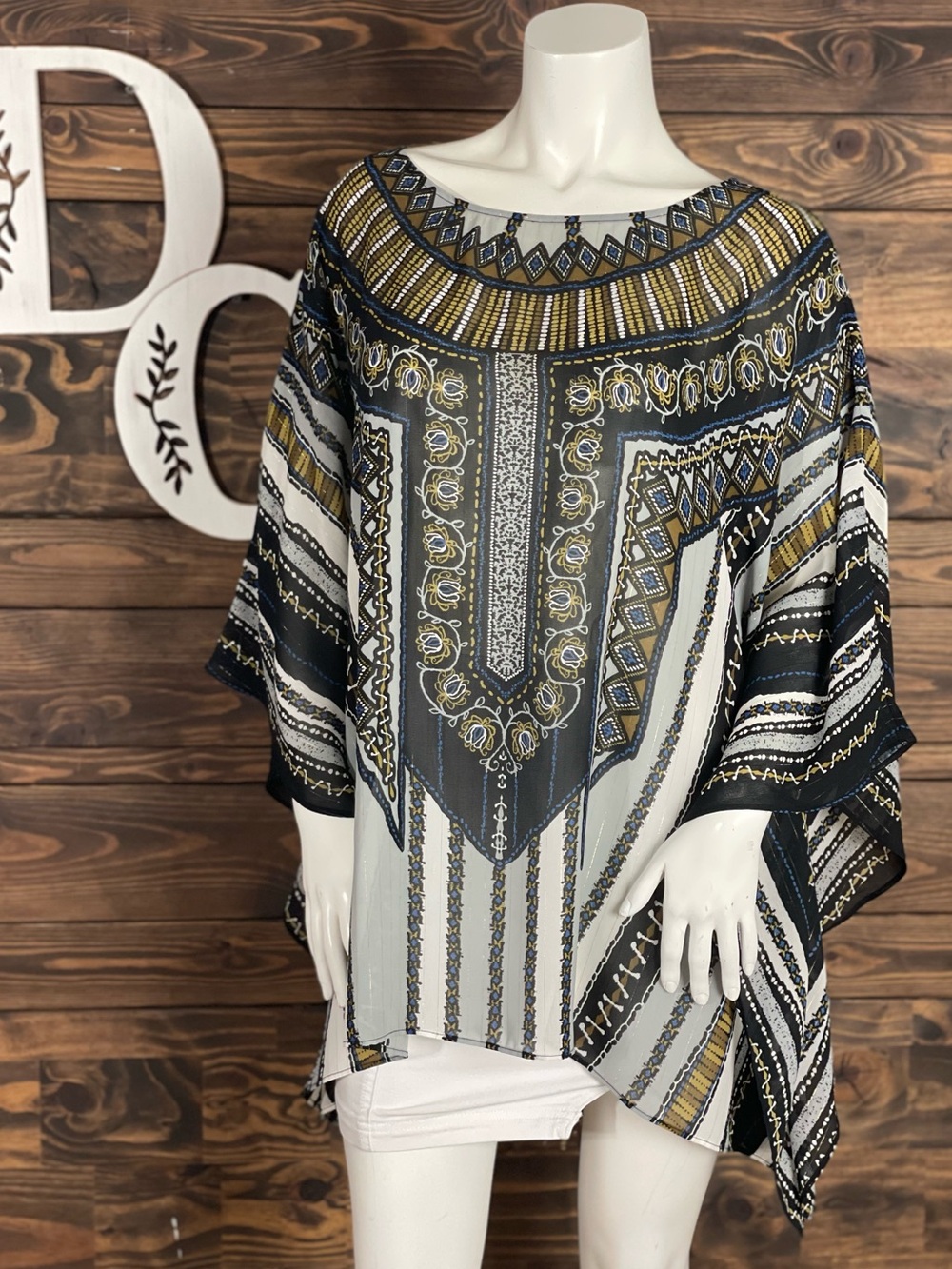 Bob Mackie | Egyptian Sheer Caftan Drape Top Asymmetrical Hem Poncho Top
